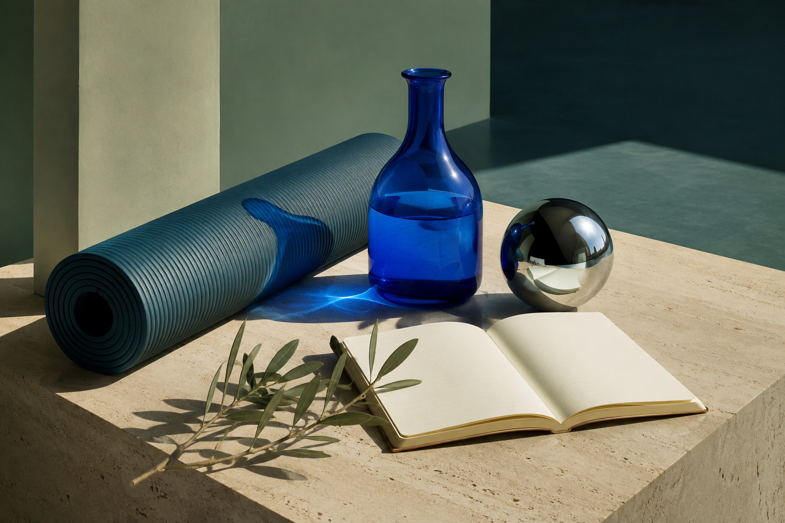 Deep teal movement mat, cobalt water carafe, chrome sphere, and open cream journal arranged on travertine