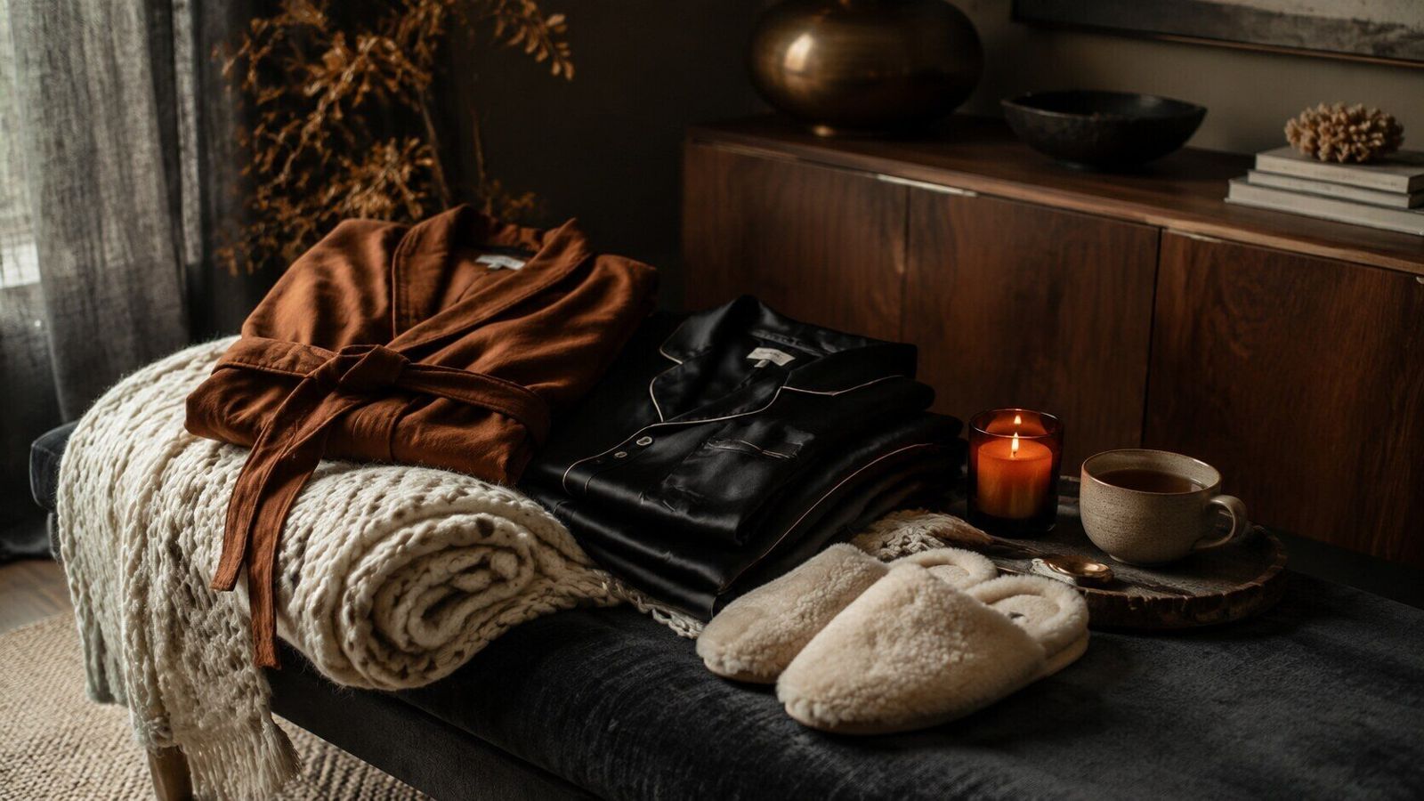 Cozy black, ivory, and cognac vignette with a robe, silk pajamas, chunky throw, slippers, tea, and candle