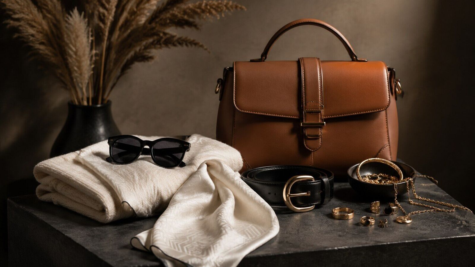 Editorial boho fashion accessories with cognac handbag, ivory fabric, black sunglasses, belt, and gold jewelry