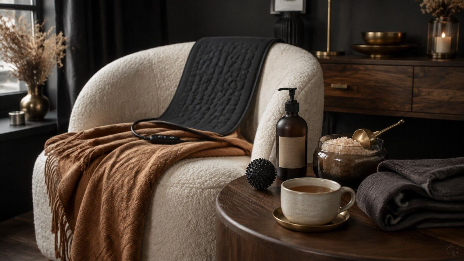Warm charcoal and cognac comfort corner with a heating pad, massage ball, magnesium lotion, bath salts, and tea