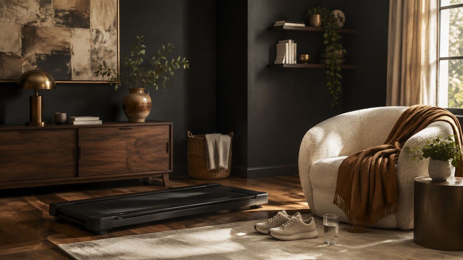 Compact black walking pad in a calm room with an ivory chair, cognac throw, water, and supportive shoes