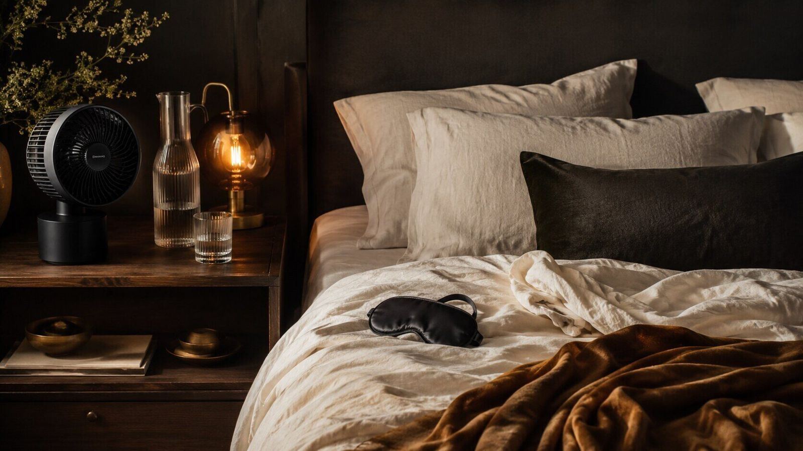 Moody ivory bedroom arranged with a bedside fan, water, cooling eye mask, and lightweight bedding