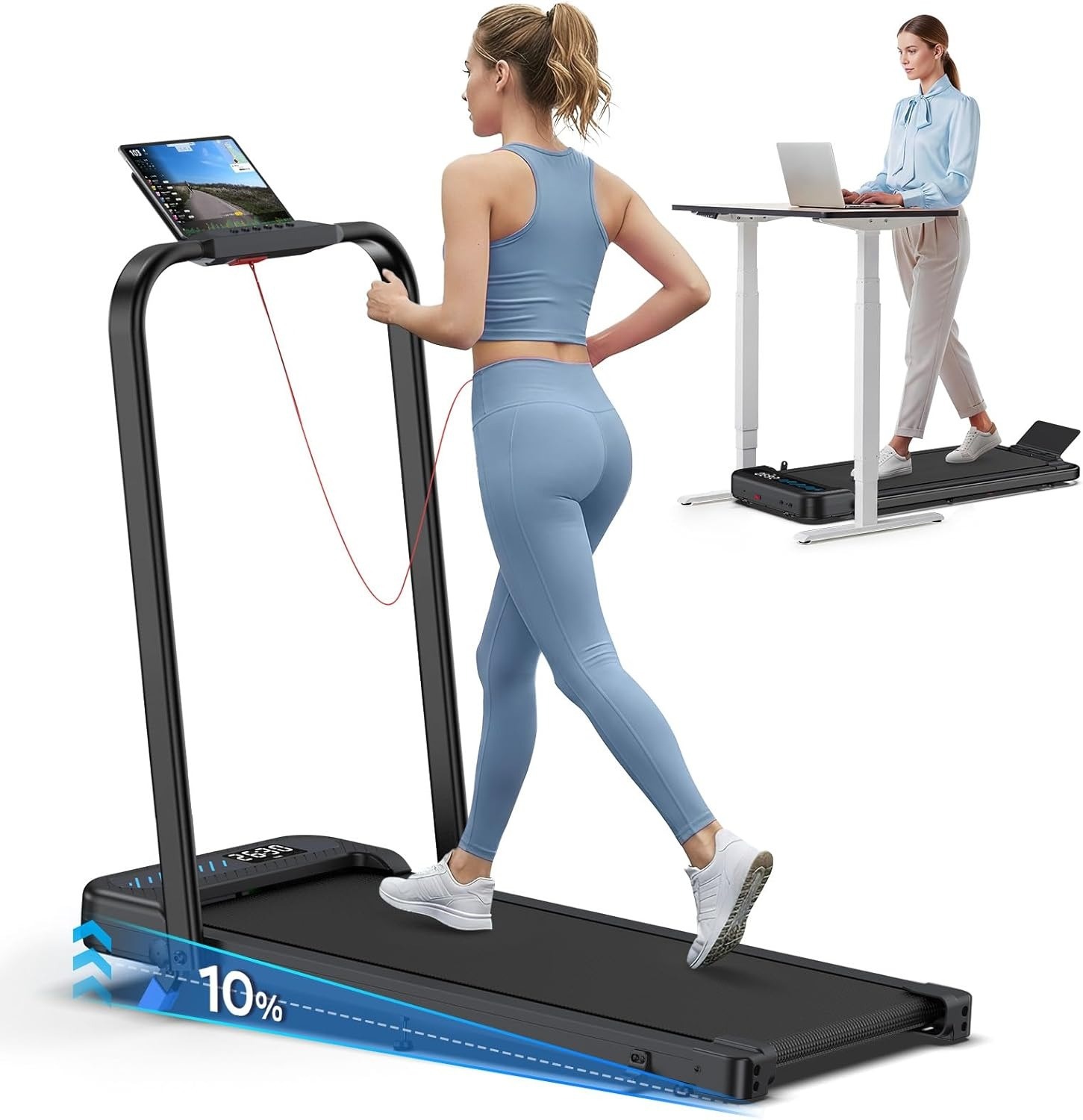 Compact walking pad with standing desk attachment