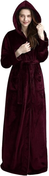 Full-length burgundy plush bathrobe
