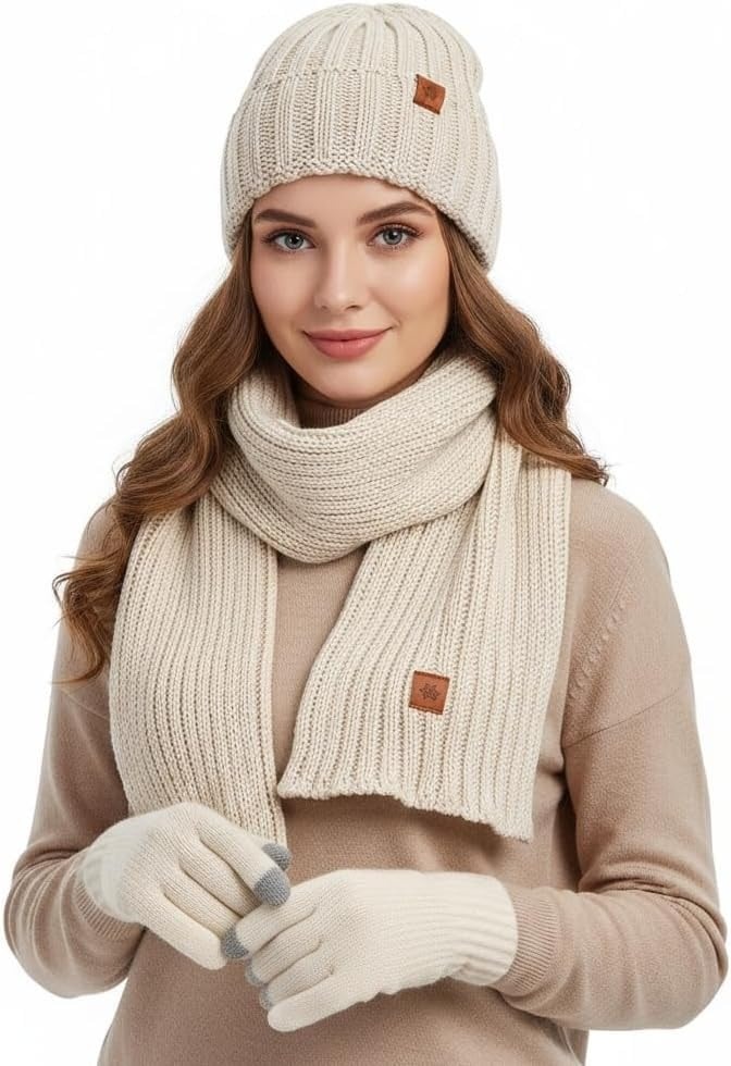 Cream winter hat scarf and gloves set