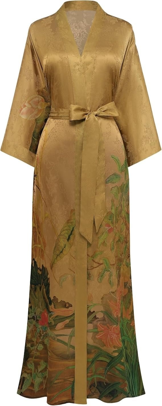 Gold floral satin kimono robe