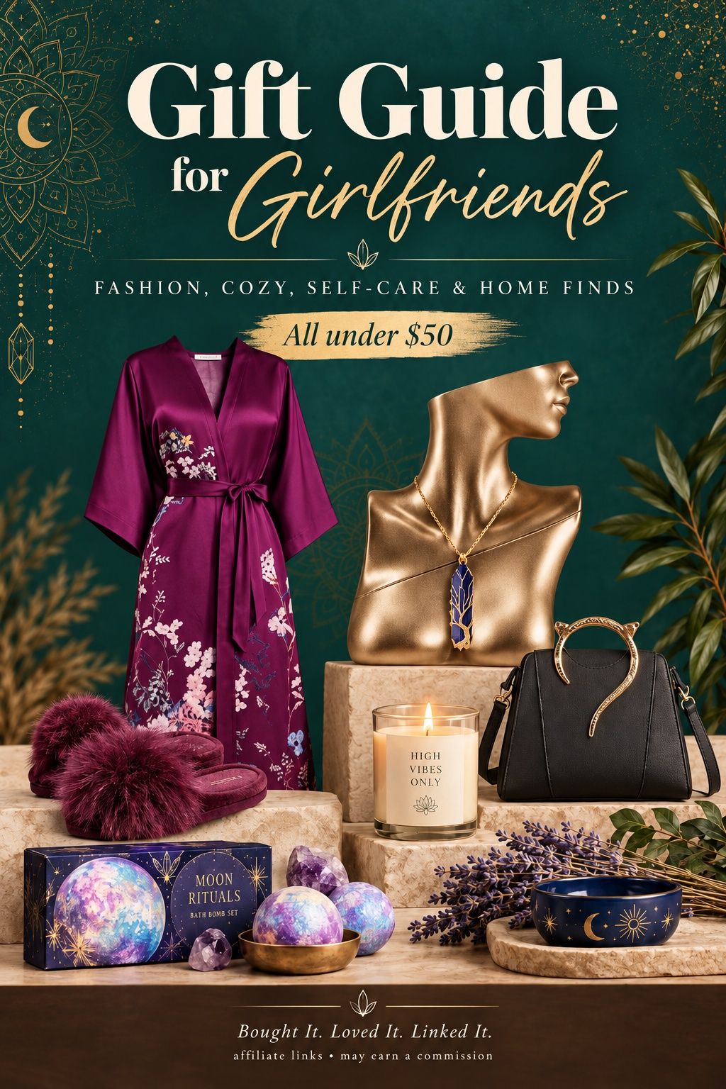 Gift Guide for Girlfriends in deep teal and gold, featuring a robe, jewelry, fragrance, slippers, and home gifts