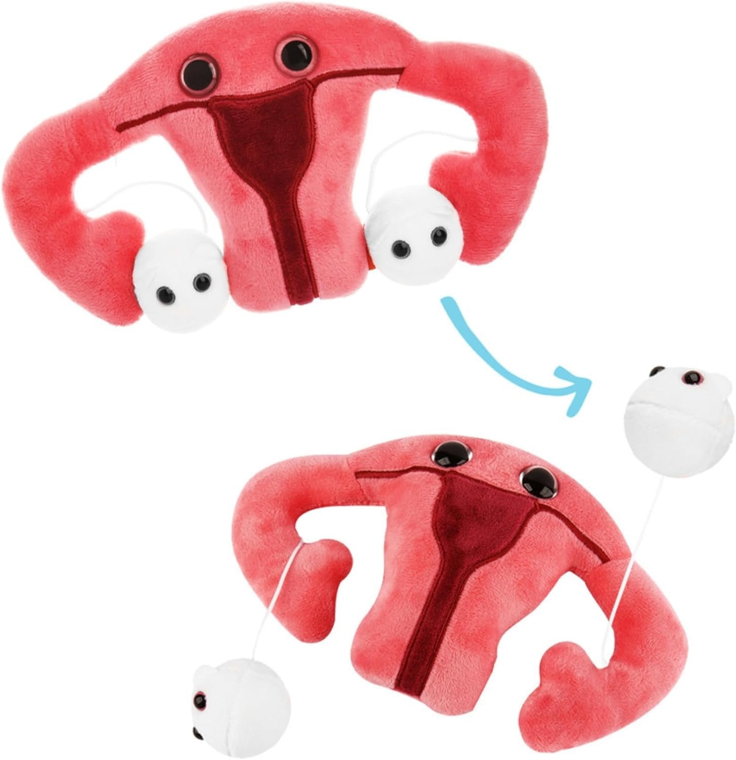 Pink plush uterus toy with detachable ovaries