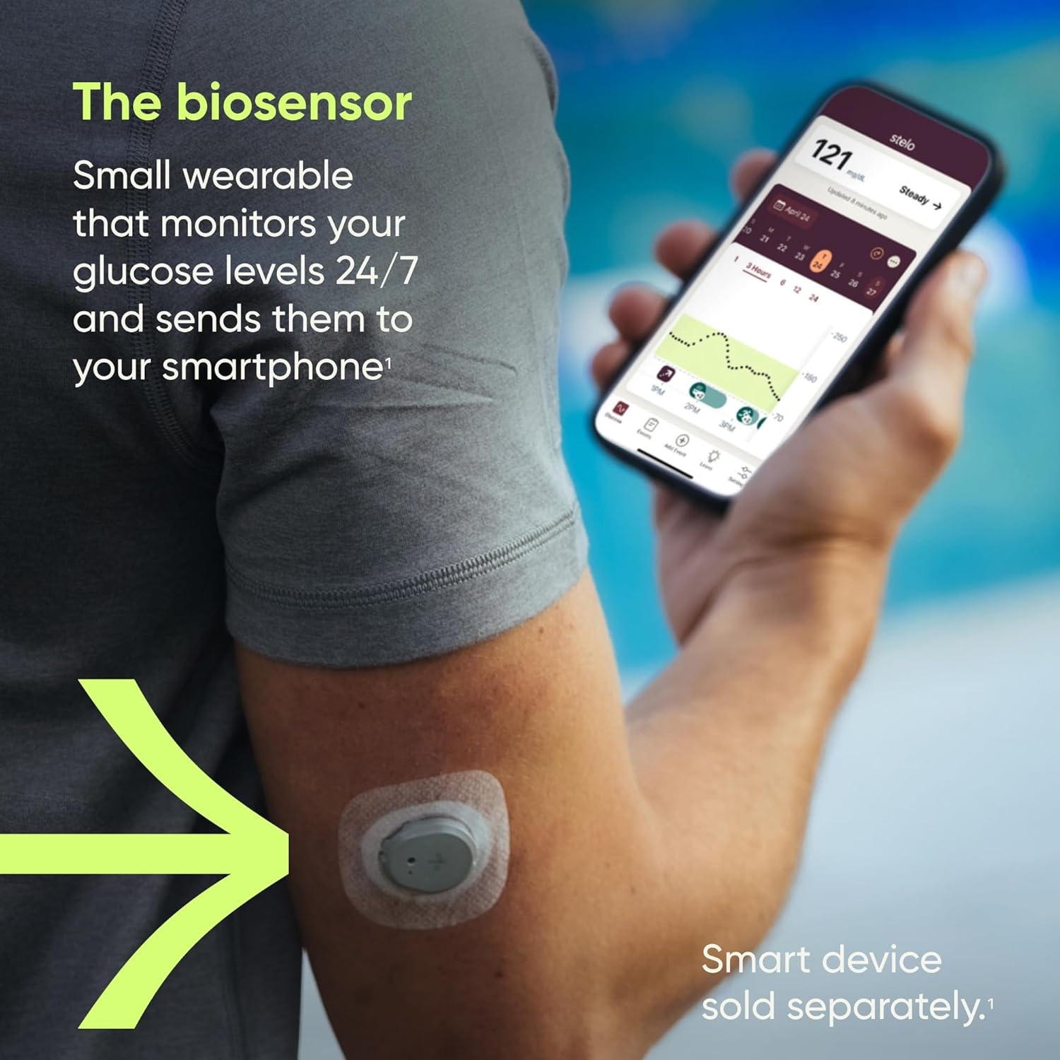 Stelo glucose biosensor worn on the arm