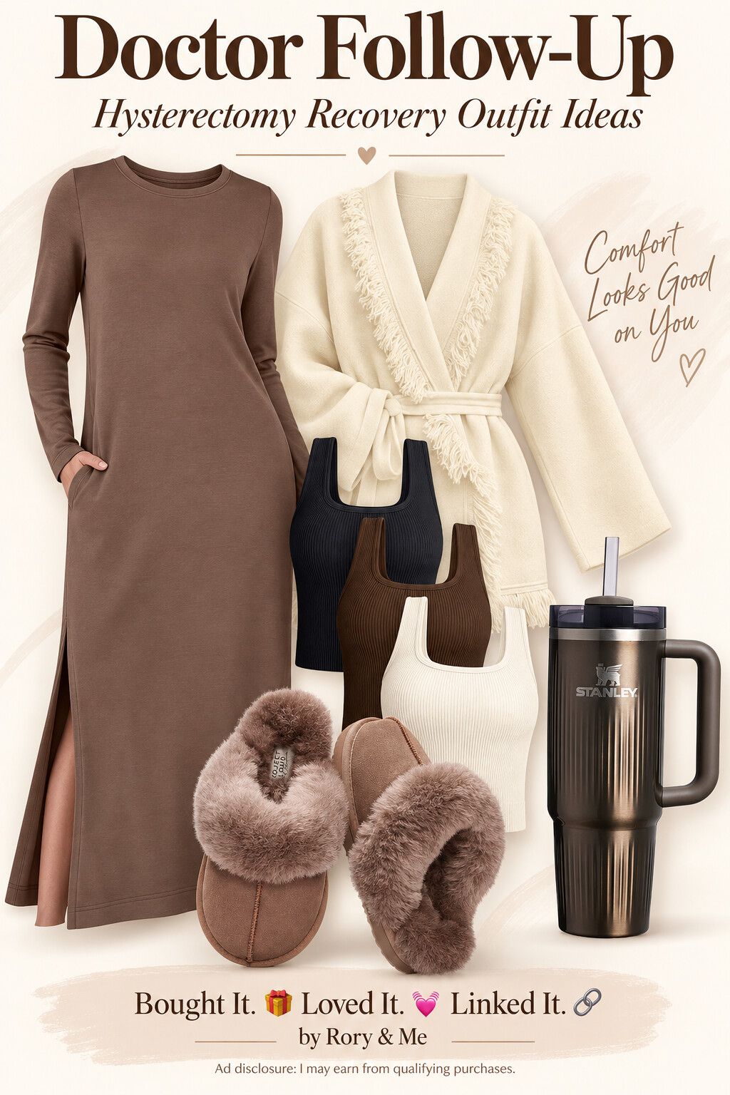 Doctor follow-up outfit with brown maxi dress, oatmeal wrap, neutral ribbed tanks, fuzzy slippers, and dark tumbler