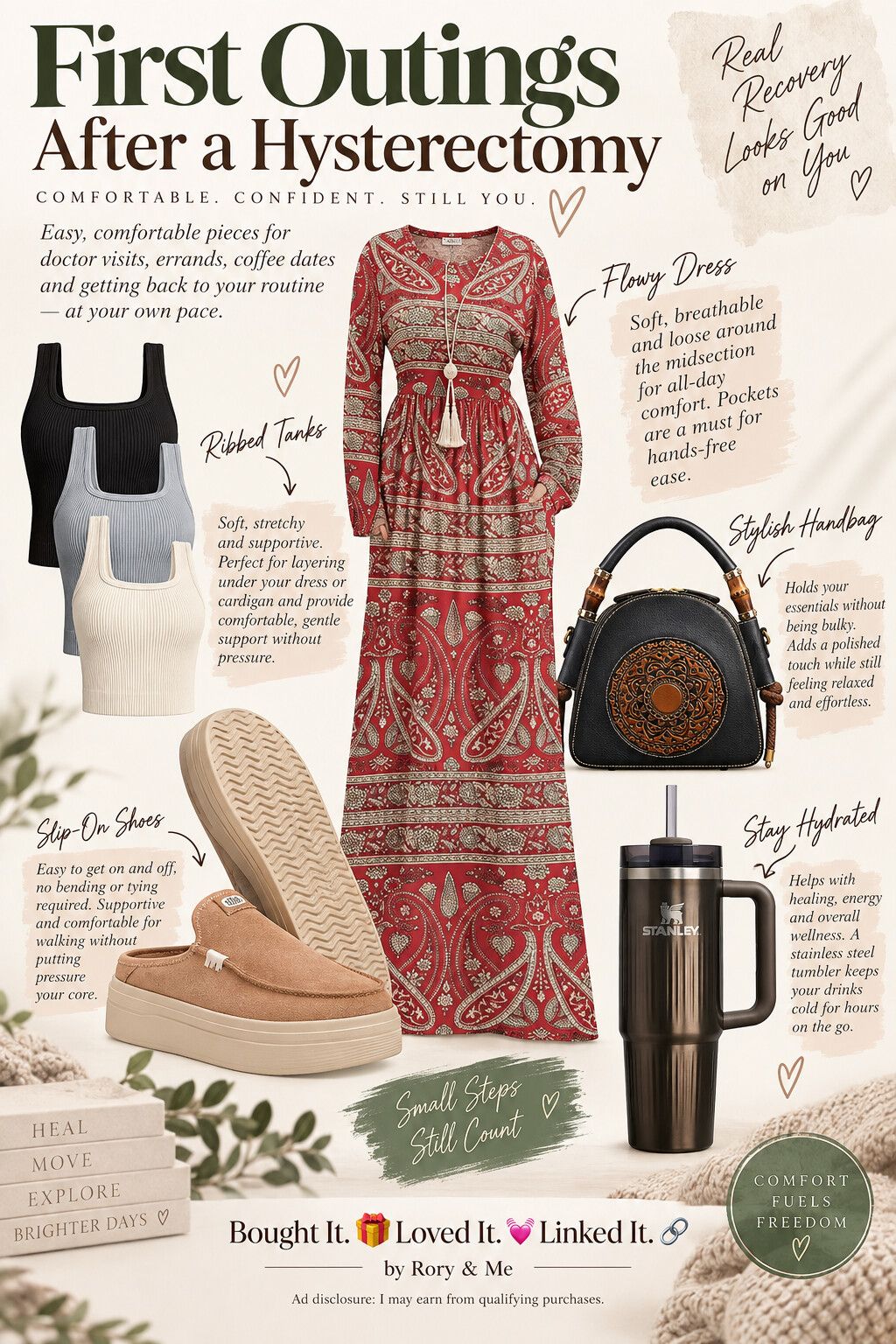First-outing recovery look with red boho maxi dress, ribbed tanks, tan slip-on shoes, black handbag, and tumbler