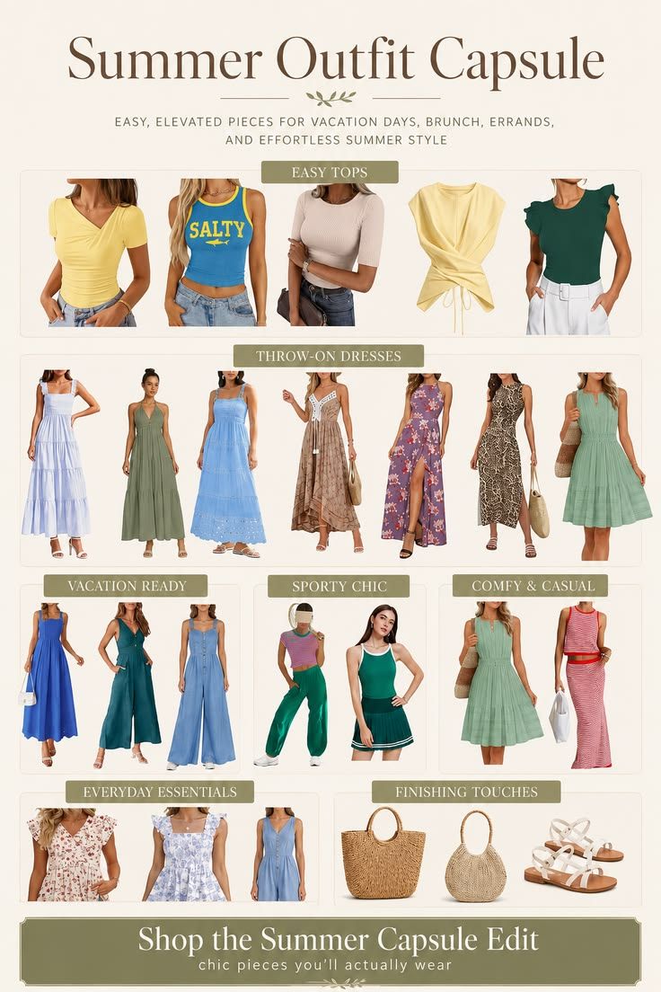 Summer outfit capsule with casual tops, flowy dresses, vacation outfits, sporty looks, bags, and sandals