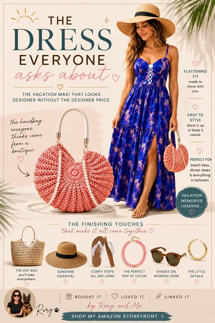 Colorful printed vacation maxi dress styled with woven handbags, sunglasses, sandals, and sun hat