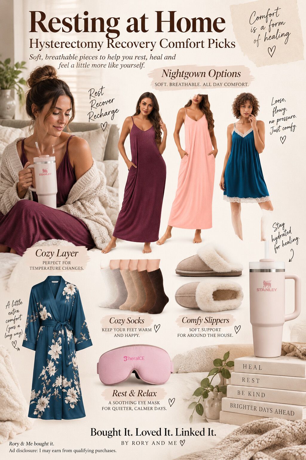 Resting-at-home recovery outfit guide with soft nightgowns, robe, socks, slippers, and hydration tumbler