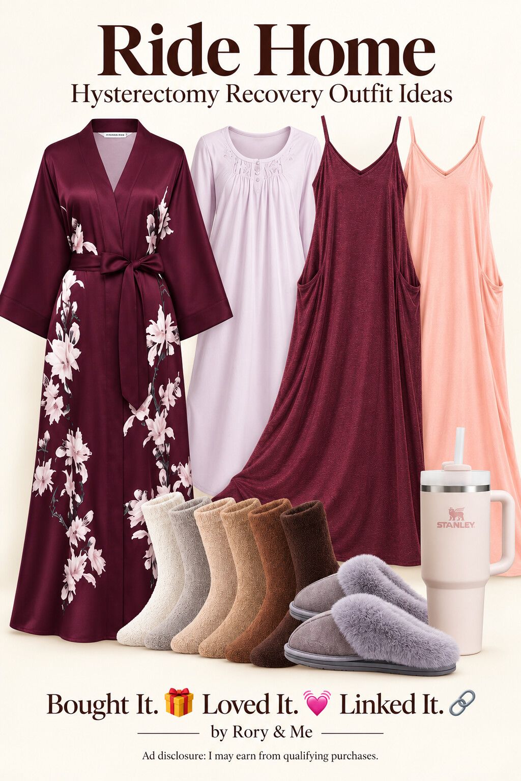 Ride-home hysterectomy recovery outfit with loose nightgowns, floral robe, socks, slippers, and insulated tumbler