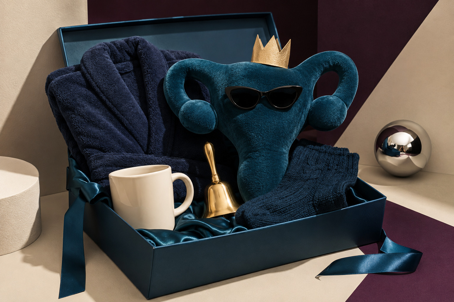 Elevated recovery care package with a ceramic mug, tea, deep teal socks, activity book, and gold pen