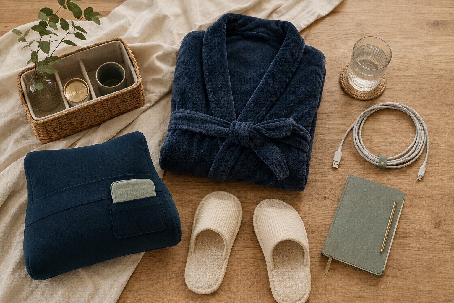 Editorial flat lay of a navy robe, abdominal pillow, slippers, charger, water, and recovery organizer
