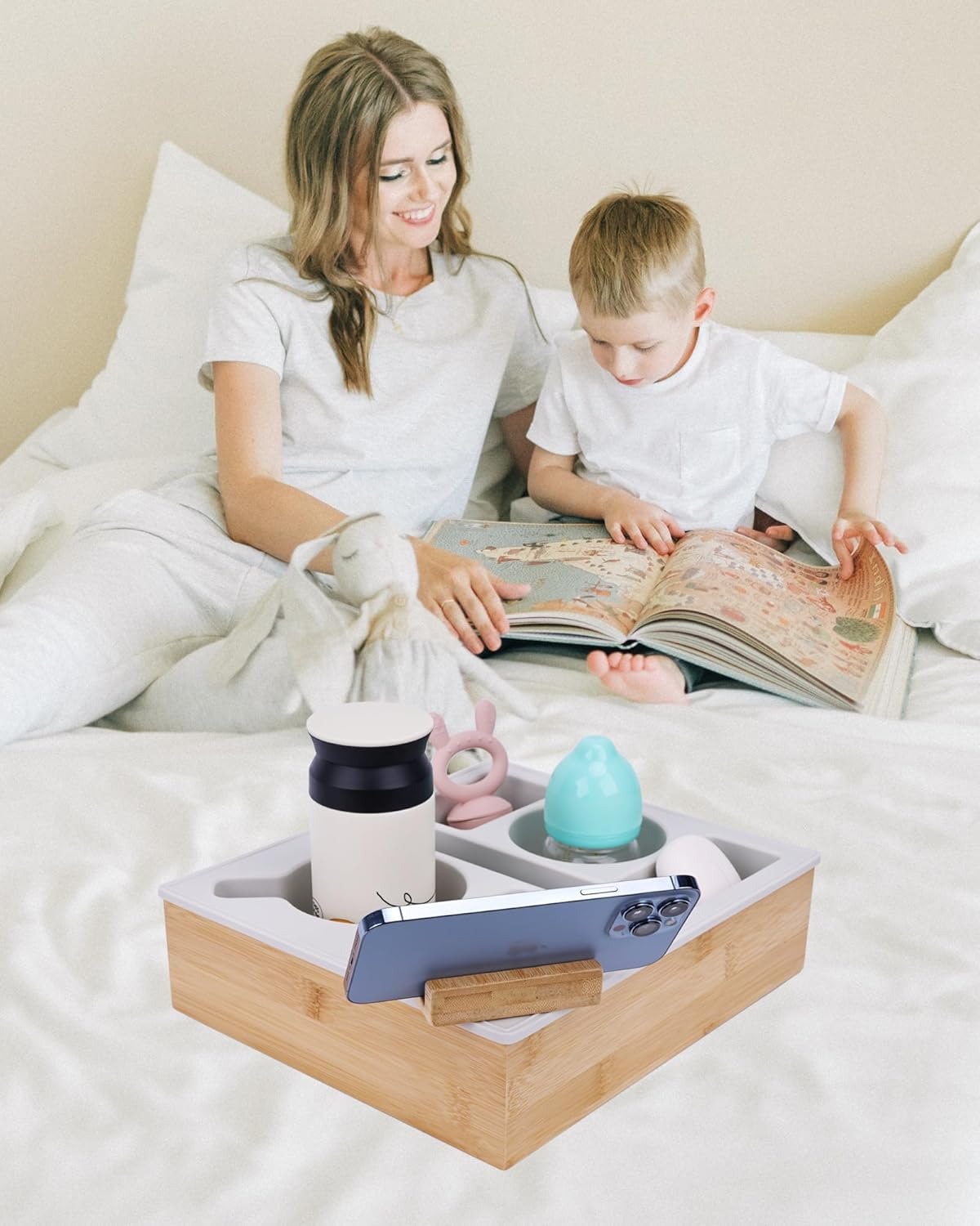 Wooden couch and bed tray with everyday essentials