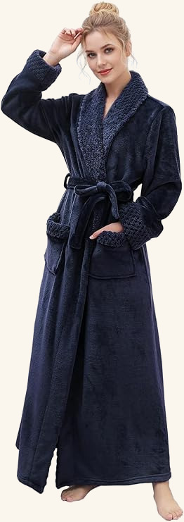 Navy full-length plush fleece robe with a tie waist and pockets