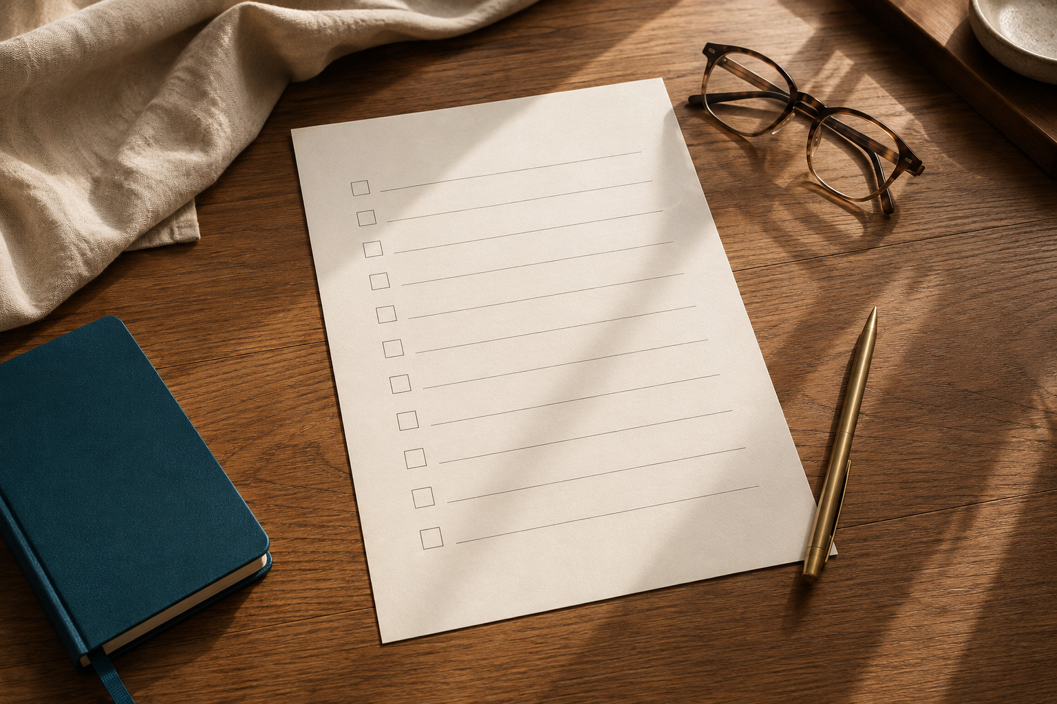 Blank checklist with a gold pen, reading glasses, deep teal notebook, and cream linen on a wooden desk