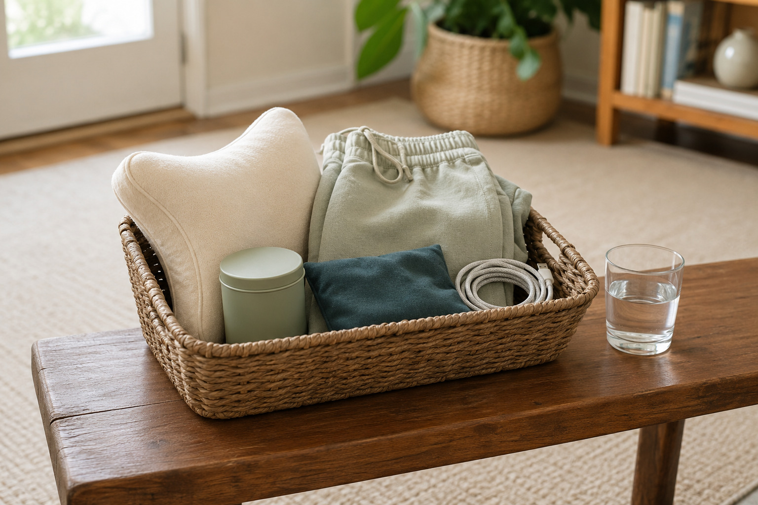 Woven basket of practical recovery basics including a pillow, lounge pants, charger, and heat pack
