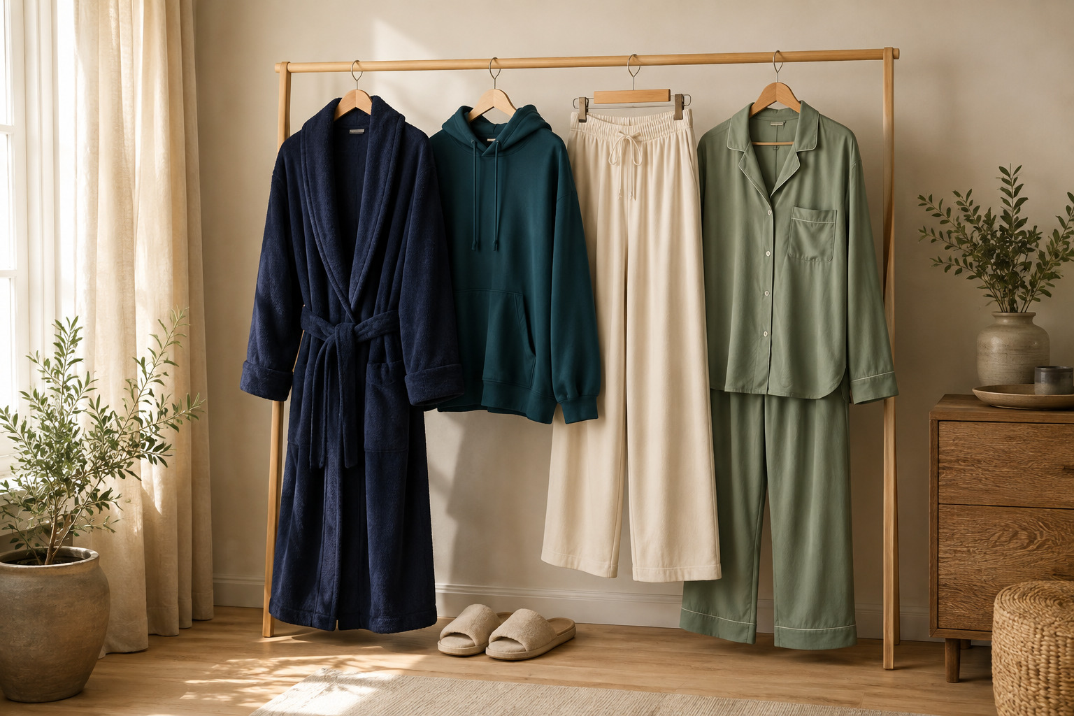 A refined rack of robes, lounge layers, and soft pajamas in navy, teal, cream, and sage