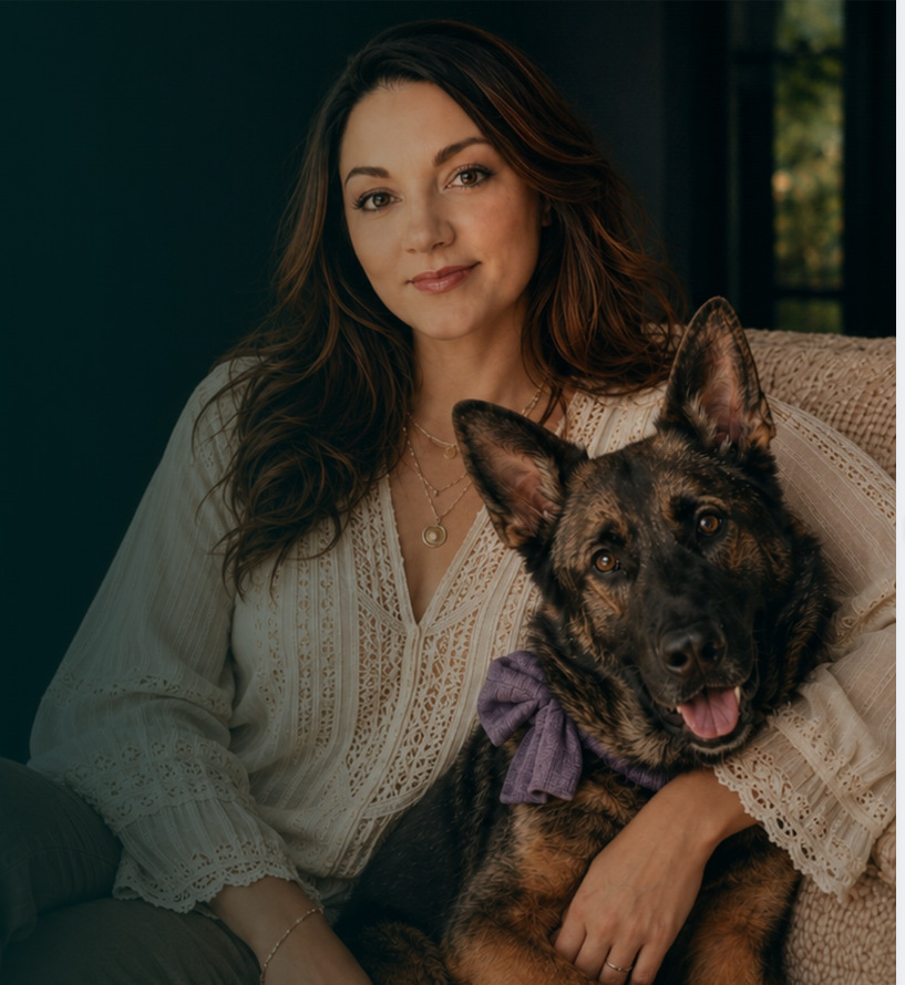 A woman seated with Rory, a German Shepherd wearing a purple bow