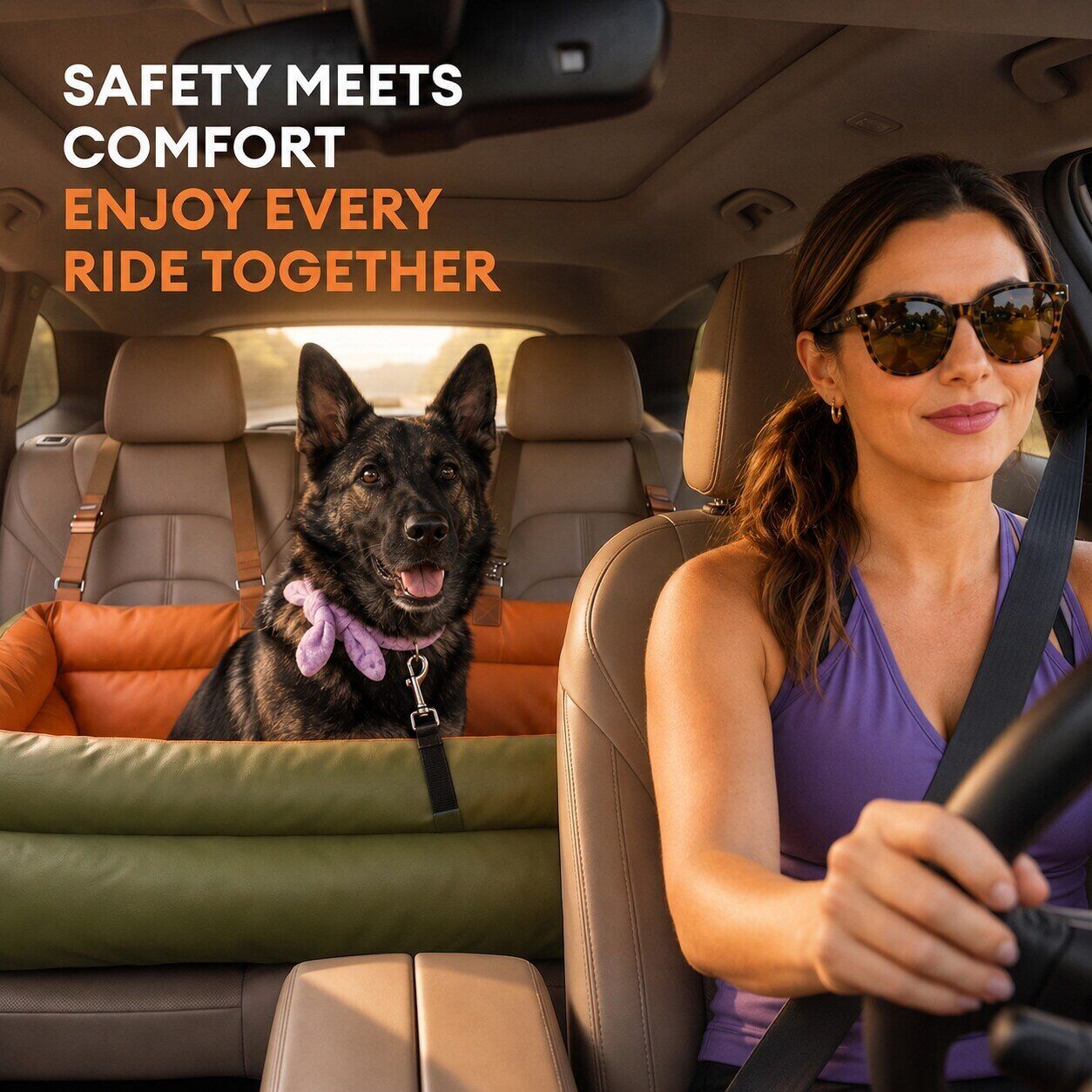 Large leather dog car seat in a vehicle with Rory seated in the back