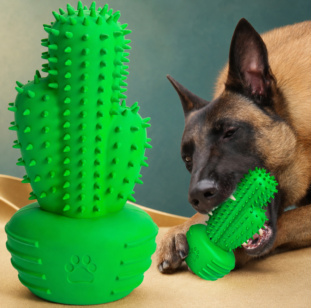 Green cactus-shaped dog toothbrush chew toy
