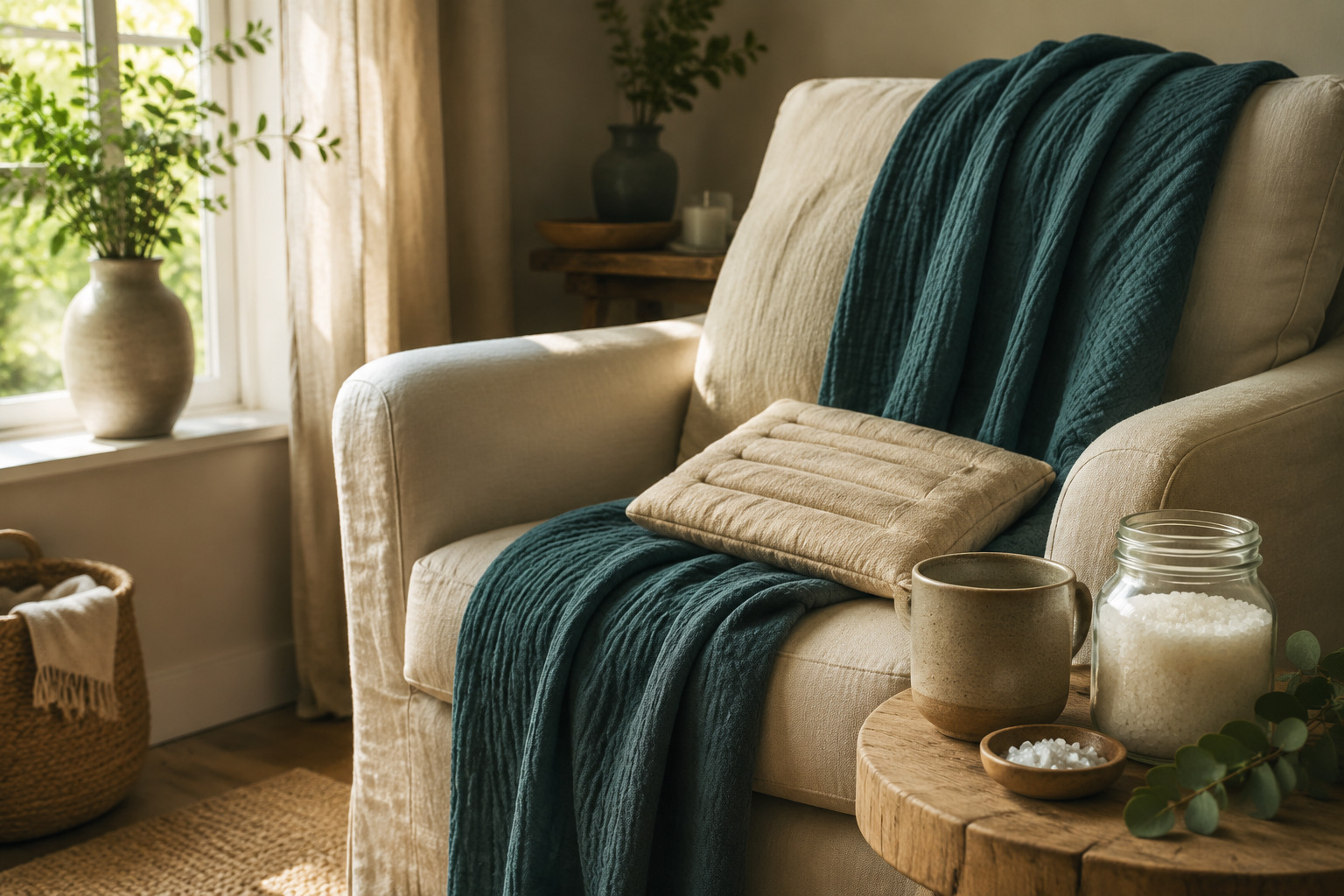 A warm boho-inspired comfort corner with a heating pad, tea, bath salts, and a deep teal throw