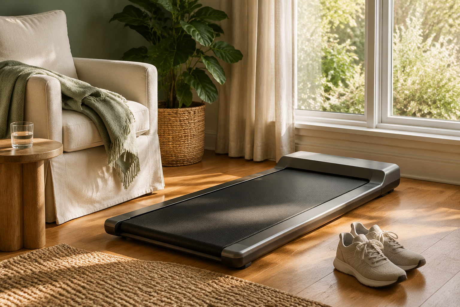 A compact walking pad in a calm sunlit room with a cream chair, sage throw, and plant