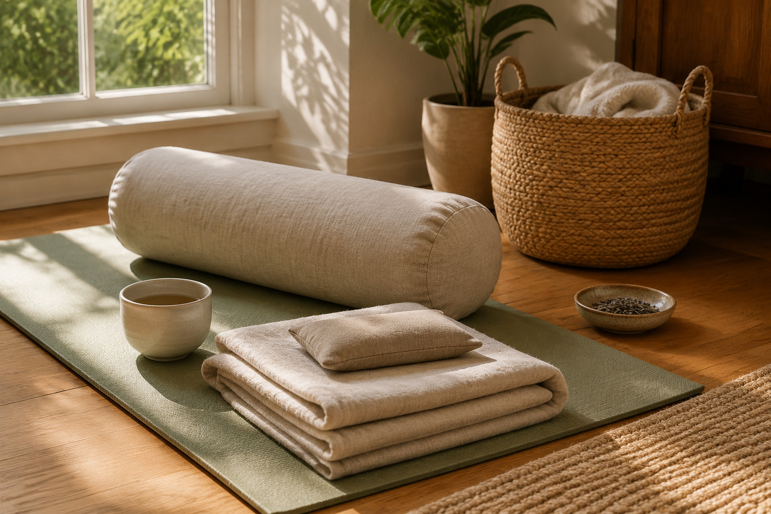 A sunlit gentle movement space with a sage mat, bolster, warm compress, and tea