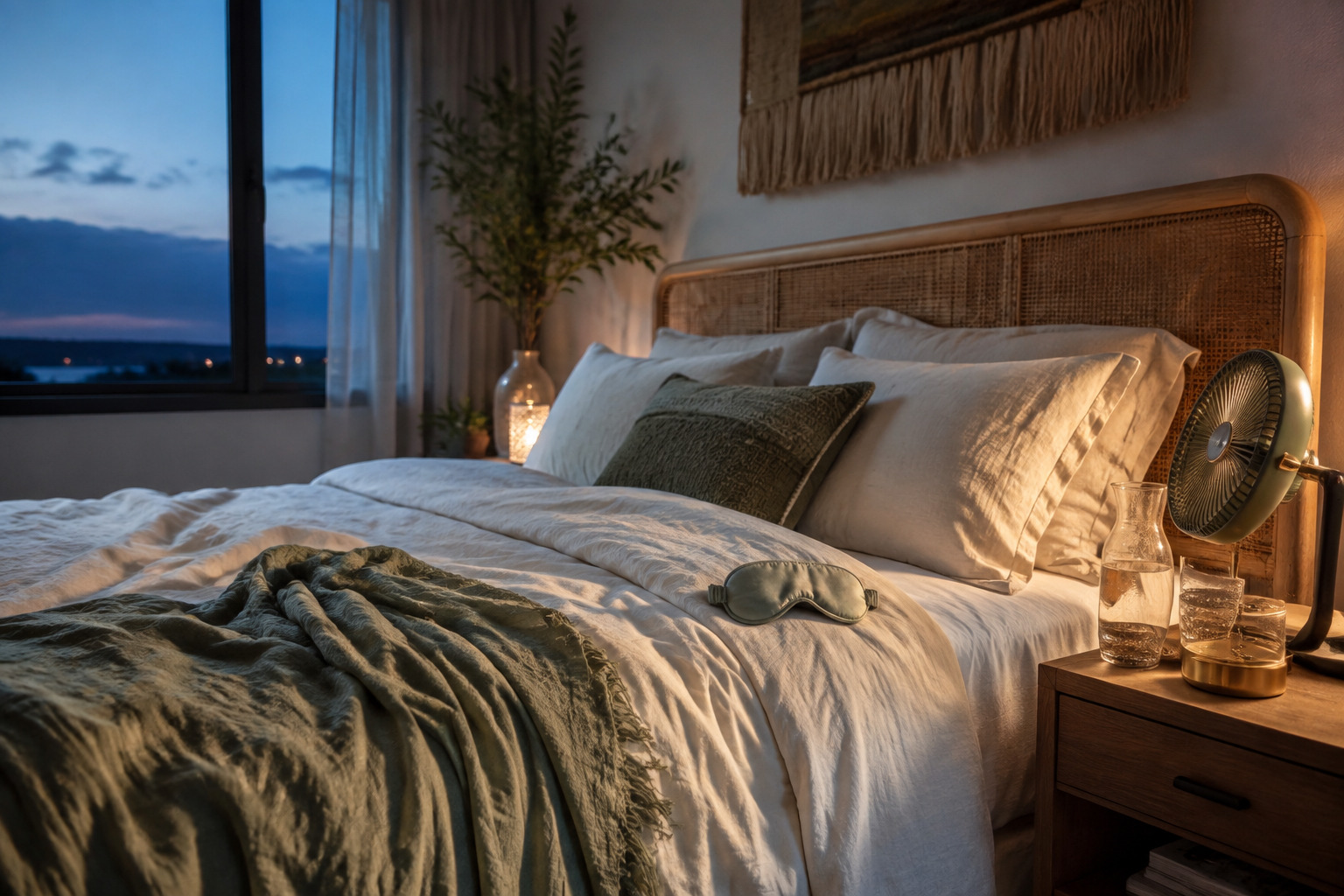 An airy boho bedroom arranged with a bedside fan, water, cooling eye mask, and linen bedding